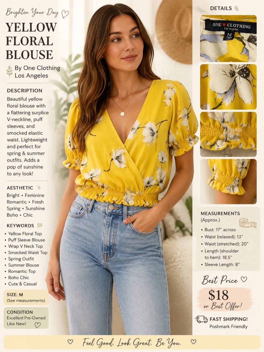 one clothing Yellow Floral Wrap Crop Top with Puff Sleeves